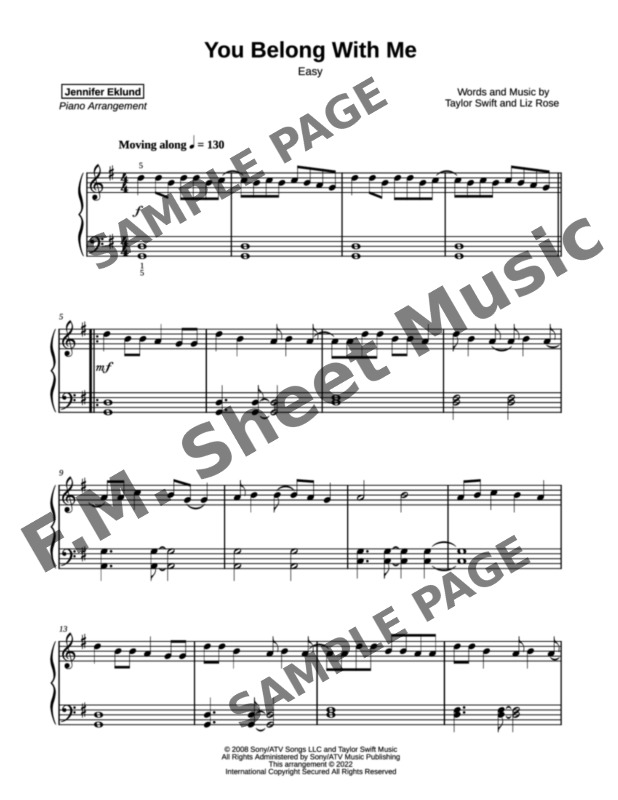 You Belong With Me (Easy Piano) By Taylor Swift F.M. Sheet Music